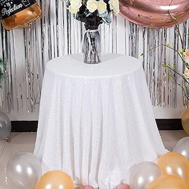 JYFLZQ White Sequin Tablecloth 70 Round Sparkly Drape Table Cloths Table Cover Overlay for Wedding Birthday Party Baby Bridal Shower