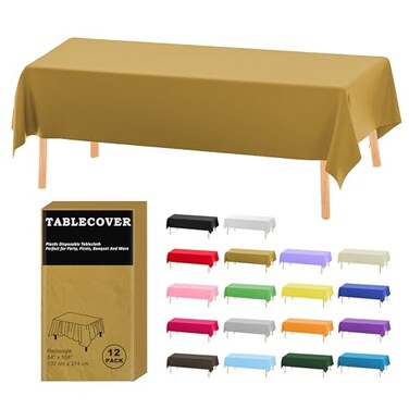 D&Z DZ Plastic Tablecloth Disposable 12 Pack Gold Table Cloth Individually Wrapped for IndoorOutdoor 54 x 108 Inch Table Cover for Rectangle Table Ideal for Party Picnic Birthday Wedding Dinner