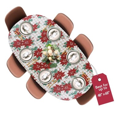 Covers For The Home Deluxe Elastic Edged Flannel Backed Vinyl Fitted Table Cover Christmas Flower Pattern Round Oblong Oval Fits Tables up to 48 W x 68 L