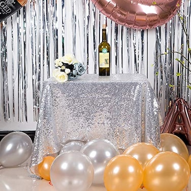 JYFLZQ Silver Sequin Tablecloth 50 x 50 Small Square Sparkly Table Cloths Glitter Table Cover Overlay for Wedding Birthday Party Baby Bridal Shower