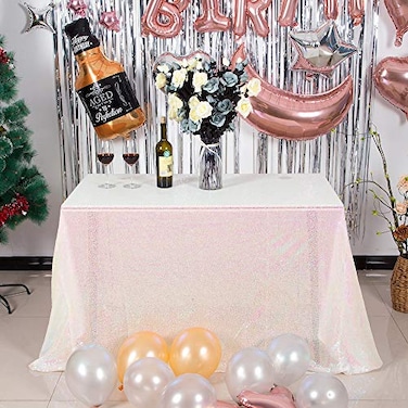 JYFLZQ White Iridescent Sequin Tablecloth 50 x 80 Rectangular Sparkly Drape Table Cloths Table Cover Overlay for Wedding Birthday Party Baby Bridal Shower