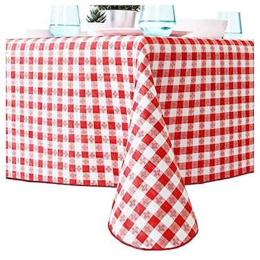 EUCATUS BEST Heavy Duty Waterproof 52x70 Vinyl Tablecloth 1 Pk Best Wipeable Red Checkered Gingham Table Cloth for Country BBQs Picnics or Card Tables Great Square Oilproof Table Cover with Flannel Ba