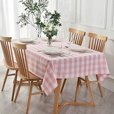 maxmill Checkered Rectangle Tablecloth Water Resistance Wrinkle Free Spillproof Heavy Weight Gingham Plaid Table Cloth for Buffet Banquet Parties Event Holiday Dinner 60 x 84 Inch Pink and White