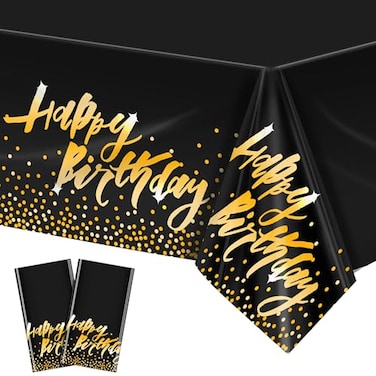 Aneco 2 Pack Happy Birthday Table Cloth Cover Black Gold Party Durable Tablecloth 54 x 108 Inches for Parties Birthdays Weddings