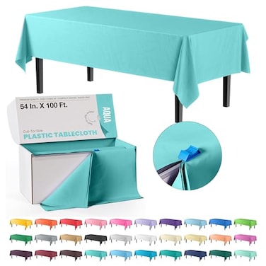 Party Solids 54 Inch X 100 Feet Aqua Plastic Table Cover Roll in A Cut to Size Box with Convenient Slide Cutter Cuts Up to 12 Rectangle 8 Feet Plastic Disposable Tablecloths