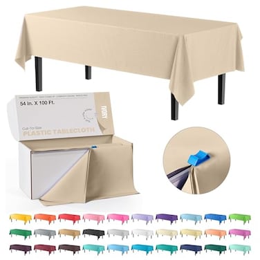 Exquisite 54 Inch X 100 Feet Ivory Plastic Table Cover Roll in A Cut to Size Box with Convenient Slide Cutter Cuts Up to 12 Rectangle 8 Feet Plastic Disposable Tablecloths