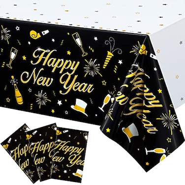 Sumind 3 Pieces 2026 Happy New Year Table Covers 54 x 108 Inch Tablecloth Plastic Disposable Black and Gold Table Covers Banner for Happy 2026 New Year Party Theme Decorations Supplies