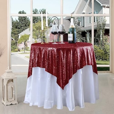 FYLEDAEE Burgundy Sequin Table Cloths for Parties50X50 inch Glitter Overlay Table Cover Fitted Square Round Small Tables for Wedding Birthday Holiday Ceremony Event Dessert Decoration