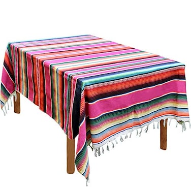 Hxezoc 59 x 84 Inch Mexican Blanket Striped Tablecloth Large Square Fringe Cotton Mexican Serape Tablecloth for Mexican Party Wedding Decorations Outdoor Table Cover Pink