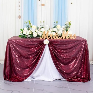 AMZLOKAE Sequin Tablecloth Rectangle 50x80 Burgundy Table Overlay Glitter Table Cloths for Parties Wine Seamless Tablecloth Sparkle TableCover for Dining Room Wedding Reception