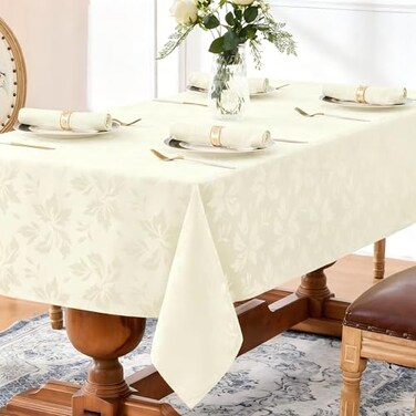 Romanstile Jacquard Rectangle Tablecloth Outdoor Waterproof Damask Floral Pattern Decorative Table Cloths Heavy Weight Fabric Table Covers for DinnerPartiesOutdoor 60 x 102 Inch Ivory