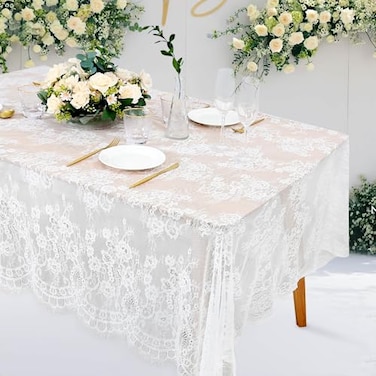B-COOL BCOOL White Lace Tablecloth 5 Pieces 60x120 Inch Fall Embroidered Table Cloth Wedding Overlay Tablecloths for Thanksgiving Day Party Solid Rectangular Table Decorations Christmas