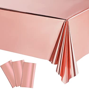 Tatuo 3 Pieces Foil Party Rectangular Table Covers Table Cloth 54 x 108 Inch Shiny Plastic Waterproof Tablecloth Party Desk Cover for Wedding Anniversary Engagement Rose Gold