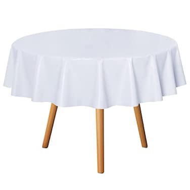 sancua 100 Waterproof Round PVC Tablecloth 60 Inch Oil Proof Spill Proof Vinyl Table Cloth Wipe Clean Table Cover for Dining Tables Buffet Parties and Camping White