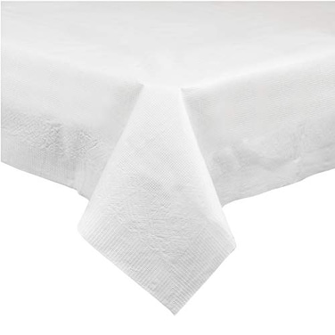 PLASTICPRO Disposable 3 Ply Paper Plastic Tablecloth Absorbent Waterproof White Table Cover for Rectangle Tables fits 68 Foot Tables Size 54 X 108 Case of 40