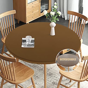 Obstal Fitted Round Table Cloth Reversible Waterproof Stain Resistant Elastic Stretch Tablecloth Wipe Clean Table Cover for OutdoorIndoor Use Fits Round Tables up to 40 44 Diameter Coffee