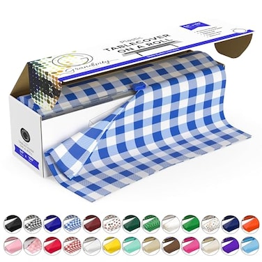 Grandipity Plastic Tablecloth Roll 54in x 100 Ft Blue Gingham Checkered Plastic Table Cloths for Parties Disposable with Cutter Box Cut to Size Disposable Tablecloth for Rectangle Round