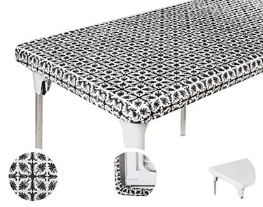 TopTableCloth 5 Foot 60 x 30 inch Black Patterned Tablecloth Elastic Corner Fitted Rectangular Folding Vinyl Table Cover Cloth Xmas Plastic Waterproof Picnic Party Home for Indoor and Outdoor Use