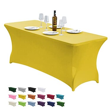 CWK 4FT Waterproof Stretch Spandex Table Cover for Rectangular Tables Elastic Fitted Tablecloth for Folding TablesWrinkle Resistant Table Cloth for Parties Weddings Banquets Events Yellow