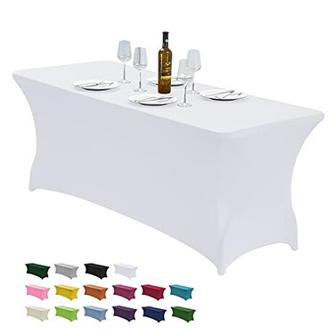 CWK 4FT Waterproof Stretch Spandex Table Cover for Rectangular Tables Elastic Fitted Tablecloth for Folding TablesWrinkle Resistant Table Cloth for Parties Weddings Banquets Events White