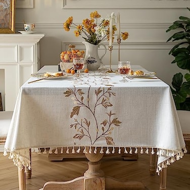 Oubonun Tablecloths for Rectangle Tables Cotton Linen Waterproof Farmhouse Table Cloth with Boho Tassels Wrinkle Free Wipeable Washable for Kitchen Dining 55x70 46 Seats