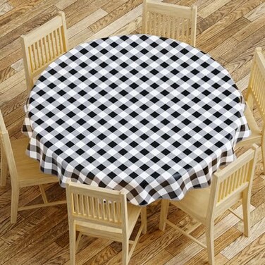 Sorfey Tablecloth Vinyl with Flannel Back 70 Round Water Proof Easy to Clean Checked Black Design