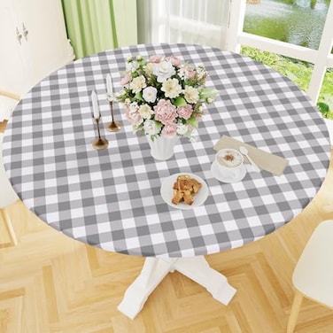 Smiry Round Picnic Tablecloth Elastic Waterproof Fitted Vinyl Tablecloths for 3644 Tables Flannel Backed Buffalo Plaid Table Cover for Dining Camping Outdoor White and Grey