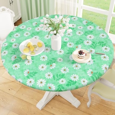 misaya Round Fitted Tablecloth with Elastic Edge 100 Waterproof Oil Proof Plastic Table Cover Vinyl Flannel Backed Tablecloth Fits 3644 Round Tables for Dinner Outdoor Picnic Green Daisy