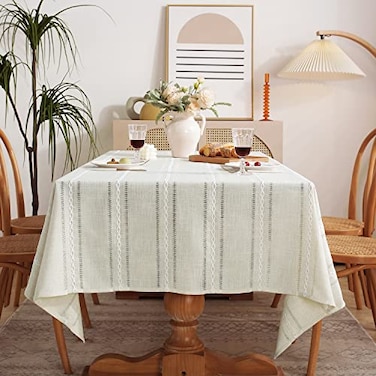 Chassic 60 x 104 inches Farmhouse Style Linen tablecloths Wrinkle Resistant Washable Dining Room Table Cloths for 6 Foot Rectangle Tables Hemstitch Beige