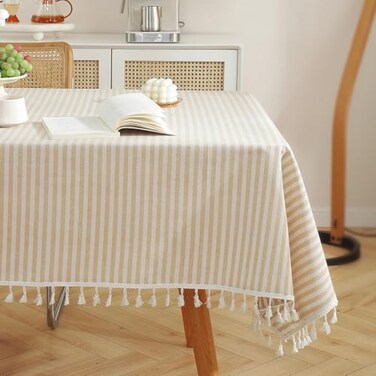 meioro Table Cloth Beige Striped Tablecloth Tassels Cotton Blend DustProof Table Cover for Dining Coffee Buffet Kitchen Picnic Tables Parties Tablecloths55 x 98 Inch Beige