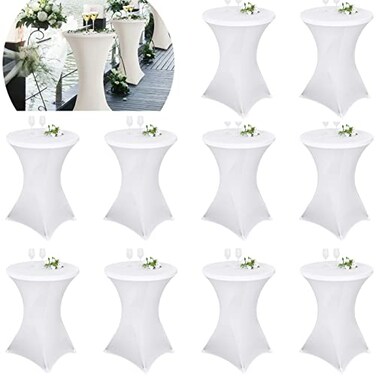 Pesonlook 10 Pack Cocktail Table Covers 32x43 White Fitted Spandex Stretch Tablecloth with Square Corners High Top Round Cocktail Tablecloth for Bar Wedding Party Banquet Round TableWhite