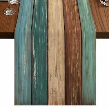 Vandarllin Table Runners 14X60 Inches Long Teal Turquoise Green Brown Cotton Linen Farmhouse Retro Rustic Barn Wood Texture Tablecloths NonSlip Party Table Decorations for Kitchen Home Dining Outdoor