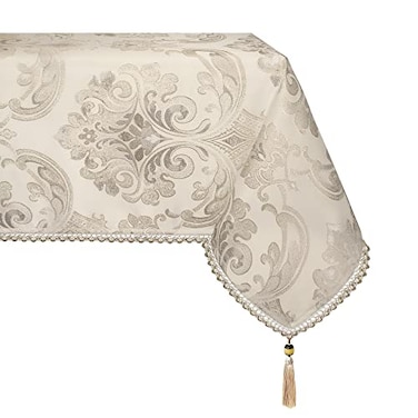 Loom and Mill Luxury Tablecloth 60 x 120 Inches Elegant Classic Jacquard Rectangle Table Cover with Handmade Tassels for Dining Room Banquet DecorationsLight Apricot 60x120