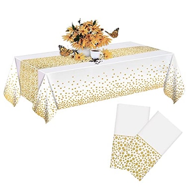 MOLFUJ 54 X 108 White and Gold Plastic Tablecloth for Party 2 Pack Disposable White Table Cloths for 8ft Rectangular Table Birthday Wedding