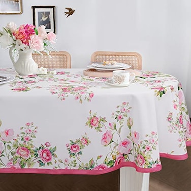 Bnejvif Pink Oval Tablecloth Floral Oval Tablecloth Pink Flowers Print Table Cloth Spring Summer Waterproof Wrinkle Free Tablecloth for Oval Tables 60 X 84 Inch
