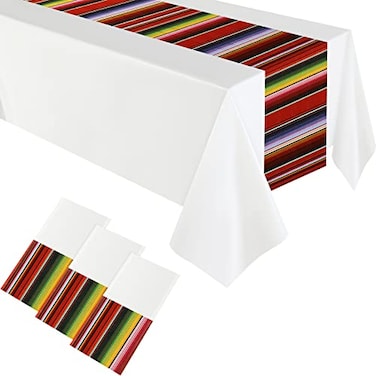 Remagr 3 Pcs Cinco De Mayo Decorations Mexican Fiesta Tablecloth 108 x 54 Plastic Striped Serape Table Cover for Mexican Fiesta Cinco De Drinko Mexico Themed Party SuppliesWhite