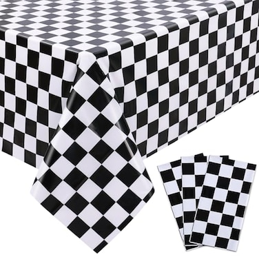 Kesfey 3 Packs Black and White Checkered Tablecloths 54 x 108 Inches Disposable Plastic Checkered Flag Racing Table Cover Waterproof Rectangle Race Car Table Cloth for Picnic Party Retro Celebration