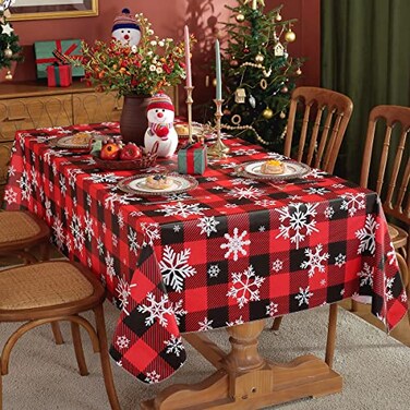 SASTYBALE Christmas Tablecloth Rectangle Vinyl with Flannel Backed Checkered Winter Snowflake Waterproof Wipeable Plastic Table Cloth for Dining Holiday Outdoor 60 x 102 Inch Red and Black