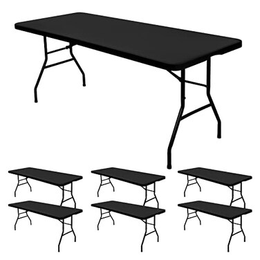 REWOMC 6 Pack Stretch Fabric Table Top Cap Cover fits 8 Tables Spandex Table Covers Washable Elastic Universal Rectangle Tablecloth Protector for Indoor Outdoor Party Picnic Wedding Black 30 W x 96 L