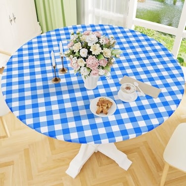 Smiry Round Picnic Tablecloth Elastic Waterproof Fitted Vinyl Tablecloths for 3644 Tables Flannel Backed Buffalo Plaid Table Cover for Dining Camping Outdoor White and Blue