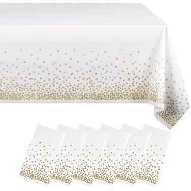 Eleclassi White and Gold Dot 6 Pack Premium Disposable Plastic Tablecloth 54 x 108 in Polka Dot Plastic Table Cloth Disposable Tablecloth for Rectangle Table up to 8 Feet