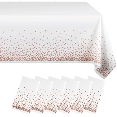 Eleclassi White and Rose Gold Dot 6 Pack Premium Disposable Plastic Tablecloth 54 x 108 in Polka Dot Plastic Table Cloth Disposable Tablecloth for 8 Ft Rectangle Table
