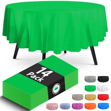 HSGUS 14 Pack Premium Round Green Plastic Tablecloth 84 x 84 in Disposable Table Cloth Decorative Table Cover for Parties Weddings