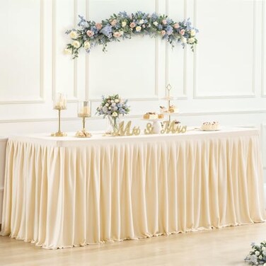 Suppromo 6ft Spandex Champagne Tablecloth for Rectangle Tables Fitted Open Back Washable and Wrinkle Resistant Stretch Rectangular Champagne Ruffle Table Cloth Cover for Event Wedding Banquet and Part