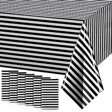 Tranqun 6 Pieces Black and White Plastic Stripe Tablecloth 54 x 108 Inch Table Cloths Geometric Stripe Waterproof Cover Disposable Rectangle for Kitchen Dining Room Holiday Party Picnic Decoration