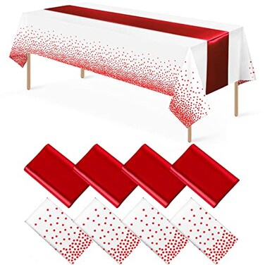 MASHAN 8Pack Disposable Plastic Tablecloths and Satin Table Runner Set White and Red Dot Tablecloth Red Satin Table Runner for Wedding Birthday Baby Shower Anniversary Christmas New Year Party Supplie