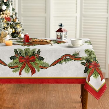 Horaldaily Christmas Tablecloth 6084 Inch Poinsettia Golden Ribbon Washable Table Cover for Party Picnic Dinner Decor