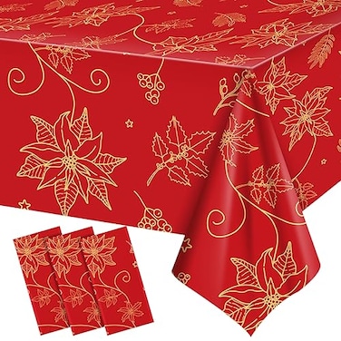 WovWeave 3 Pcs Red Christmas Tablecloths 54 x 108 Inch Gold Flower Poinsettia Bronzing Table Covers Disposable Christmas Rectangle Table Cloth for Xmas Holiday Kitchen Dining Table Decor