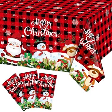 Tiamon 3 Pack Plastic Christmas Tablecloth 54 x 108 Inches for Rectangle Disposable Snowman Santa Claus Red Plaid Table Cloth Table Cover Decorations for Xmas Winter Holiday Party Supplies