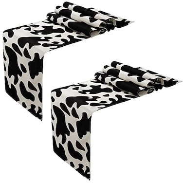 Kingdder 2 Pcs Linen Cow Print Pattern Table Runner Farm Black and White Cowhide Tablecloth Cow Print Table Cloths for Parties Kitchen Western Barnyard Cowboy Birthday Home Decorations 13 x 108 in